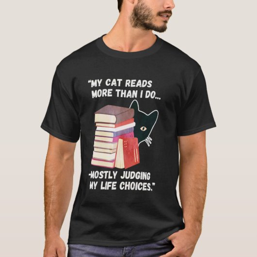 面白い猫の引用符 私の猫は私よりたくさん本を読む Tシャツ (正面)