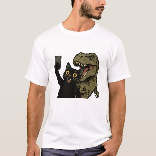 面白い猫の恐竜の自撮り、クールな恐竜好き Tシャツ (正面)