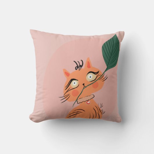 面白い猫の植物の葉のキャラクター クッション (正面)