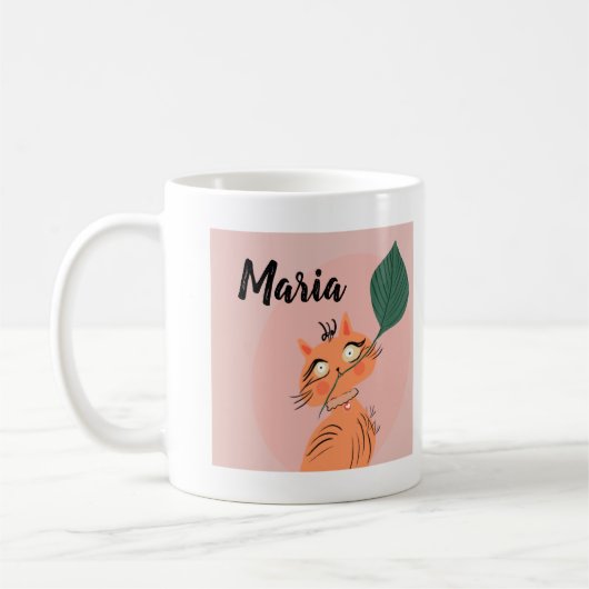 面白い猫の植物の葉のキャラクター コーヒーマグカップ (左)