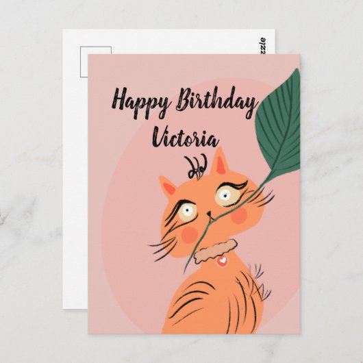 面白い猫の植物の葉の漫画の誕生日 ポストカード (正面/裏面)
