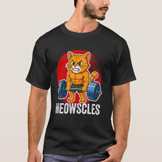 面白い猫の筋肉ジムウエイトリフティング猫好き Tシャツ (正面)