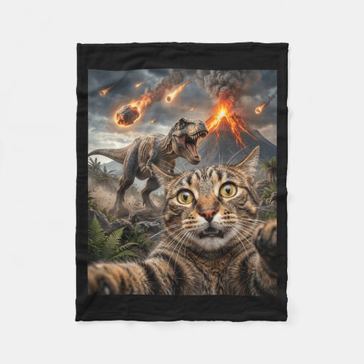 面白い猫の自撮りティラノサウルス フリースブランケット (正面)