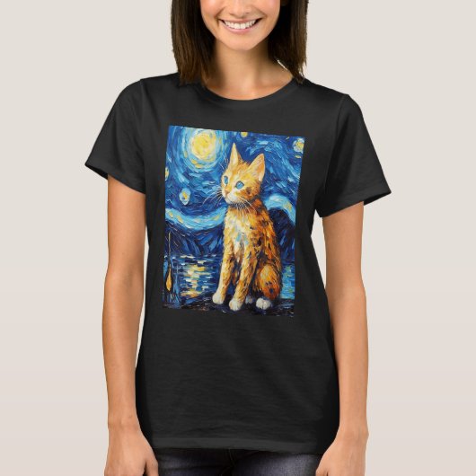 面白い猫の芸術絵画 猫好き 星空の猫 Tシャツ (正面)