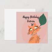 面白い猫の葉のイラスト 誕生日 (正面/裏面)