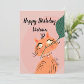 面白い猫の葉のイラスト 誕生日 招待状 (スタンド正面)