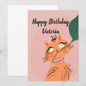 面白い猫の葉のイラスト 誕生日 招待状 (正面/裏面)