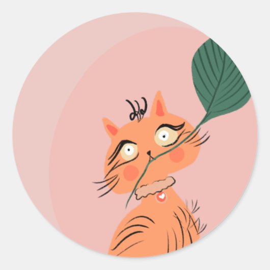 面白い猫の葉のキャラクター ラウンドシール (正面)