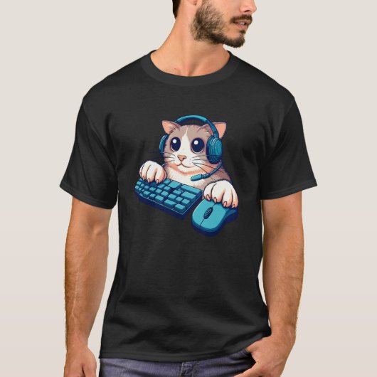 面白い猫のPCゲーマーTシャツビデオゲームプレイヤーゲーム Tシャツ (正面)