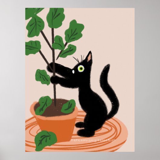 面白い猫イチジクの木 植木鉢の植物 手描きデザイン ポスター (正面)