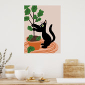 面白い猫イチジクの木 植木鉢の植物 手描きデザイン ポスター (キッチン)