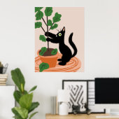 面白い猫イチジクの木 植木鉢の植物 手描きデザイン ポスター (ホームオフィス)