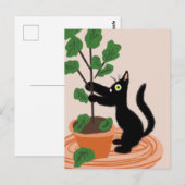 面白い猫イチジクの木 植木鉢の植物 手描きデザイン ポストカード (正面/裏面)