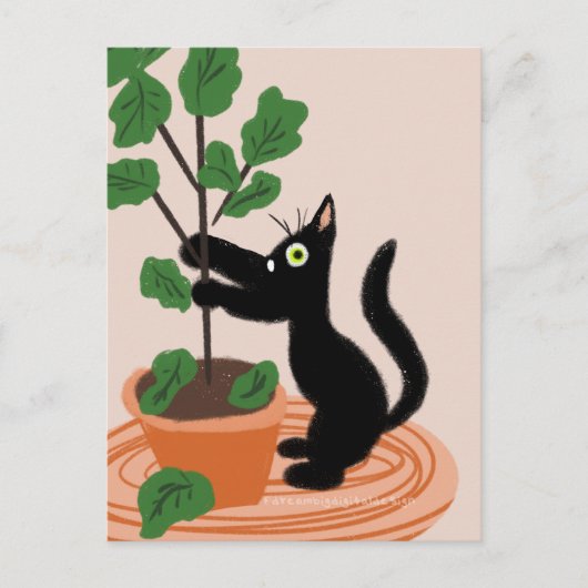面白い猫イチジクの木 植木鉢の植物 手描きデザイン ポストカード (正面)