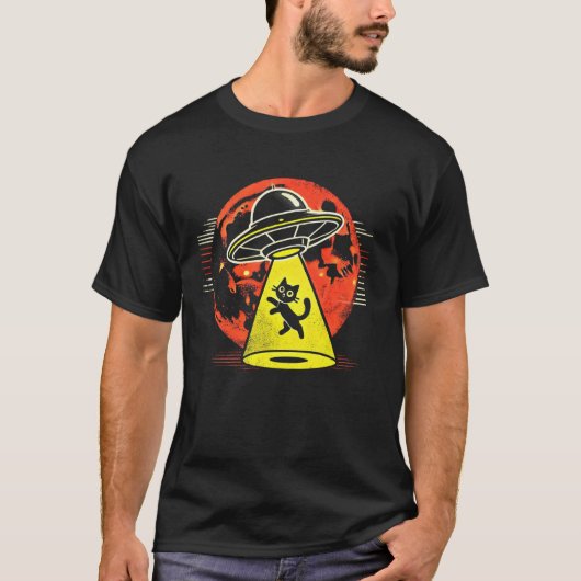 面白い猫エイリアン誘拐レトロUFO遭遇サイエンス Tシャツ (正面)