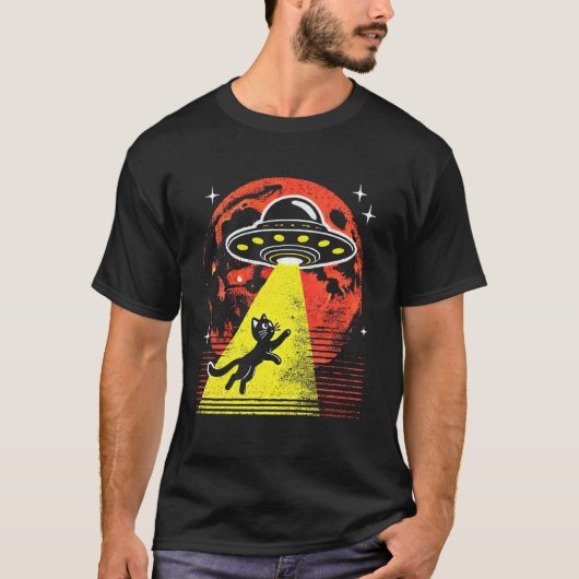 面白い猫エイリアン誘拐UFO遭遇SF Tシャツ (正面)