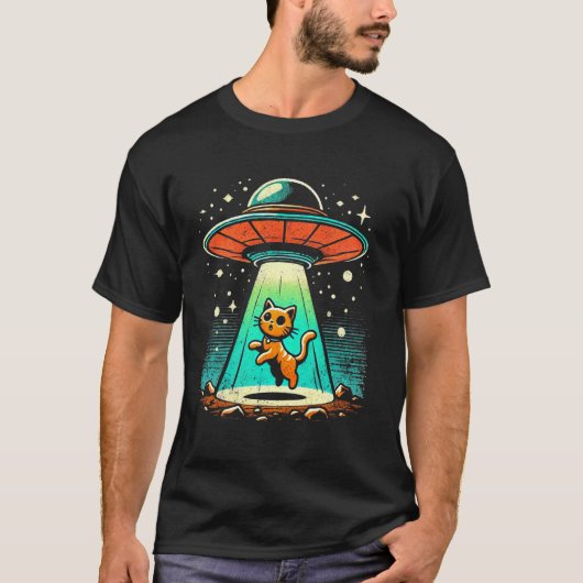 面白い猫エイリアンUFO遭遇SF Tシャツ (正面)