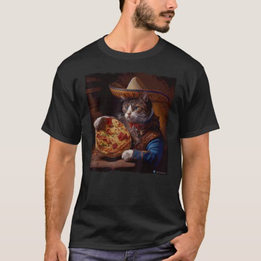 面白い猫カウボーイのピザ Tシャツ (正面)