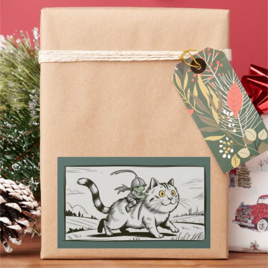 面白い猫カエルミーム中世ビンテージ 長方形シール (クリスマス)