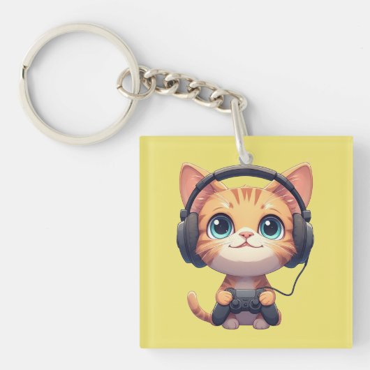 面白い猫ゲーマー - 猫好き&ゲーマーへのギフト キーホルダー (正面)