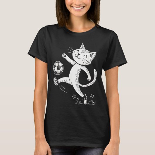 面白い猫サッカーボール - 猫好き Tシャツ (正面)