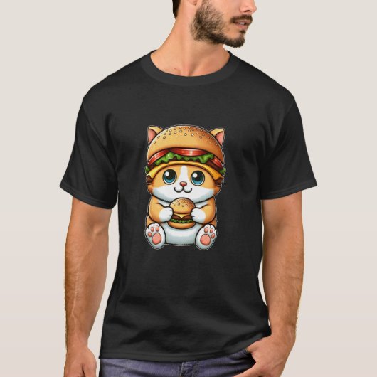 面白い猫バーガー おかしな帽子のチーズバーガー 冗談 Tシャツ (正面)