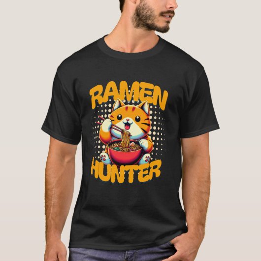 面白い猫ラーメンハンター麺類好き Tシャツ (正面)