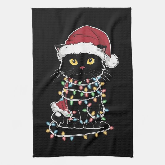 面白い猫好きのクリスマス・ライト キッチンタオル (縦)