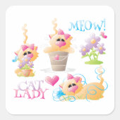 面白い猫好きの女性 カートゥーン かわいい猫好きのためのグッズ スクエアシール (正面)