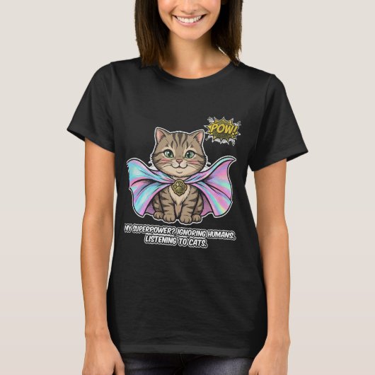 面白い猫語り超能力を持つ縞模様の猫のケープ コミック Tシャツ (正面)