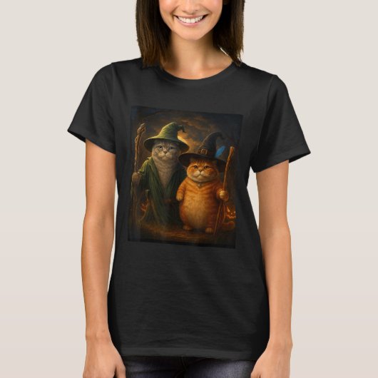 面白い猫 ハロウィン 猫 メーム 魔術師猫 不思議な かわいい Tシャツ (正面)