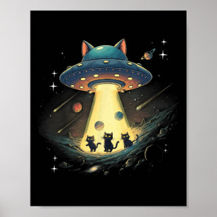 面白い猫UFOかわいい子猫宇宙宇宙船エイリアン美学 ポスター
