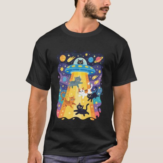 面白い猫UFOかわいい子猫宇宙宇宙船エイリアン美学 Tシャツ (正面)