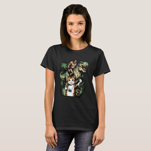 面白い猫UFO恐竜のミーム Tシャツ (正面フル)