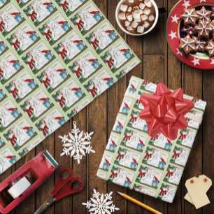 面白い白猫のクリスマスツリーオーナメント 緑 ラッピングペーパー