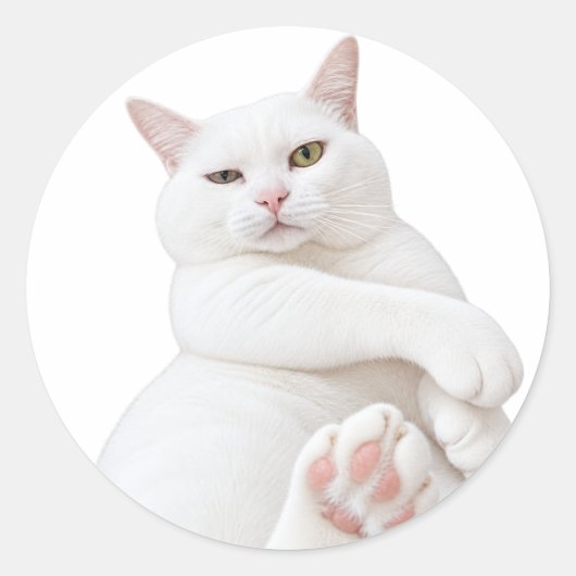 面白い白猫ステッカー – かわいいおこりんぼ猫 ラウンドシール (正面)