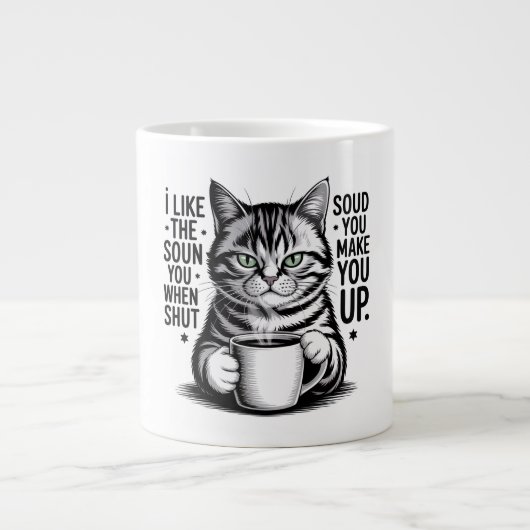 面白い皮肉な猫のコーヒーマグ – 黙った時の音が好きです ジャンボコーヒーマグカップ (正面)
