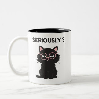 面白い皮肉な黒猫メガネSeriously Tシャツ ツートーンマグカップ