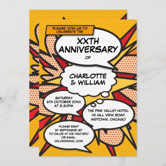 面白い結婚記念日のレトロコミックブック 招待状 (正面/裏面)