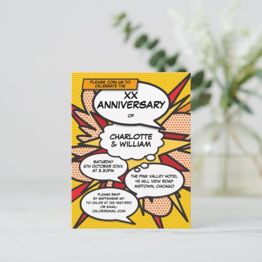 面白い結婚記念日のレトロコミックブック 案内ポストカード (スタンド正面)