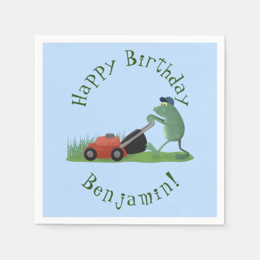 面白い緑のカエルが芝刈りをする漫画 スタンダードカクテルナプキン (正面)