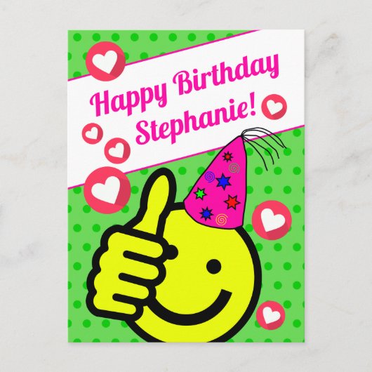 面白い緑のスマイルフェイス あなたの名前 誕生日おめでとう ポストカード (正面)