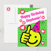 面白い緑のスマイルマーク あなたの名前 誕生日おめでとう ポストカード (正面/裏面)