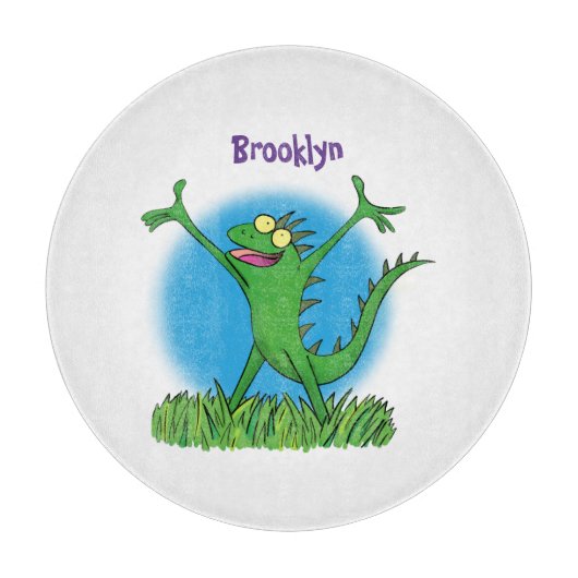 面白い緑色の笑顔のアニメーションイグアナ カッティングボード (正面)