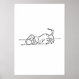 面白い線画のソーセージ犬 ポスター