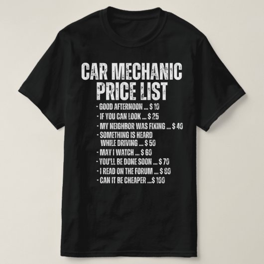 面白い自動車整備士の価格表 Tシャツ (デザイン正面)