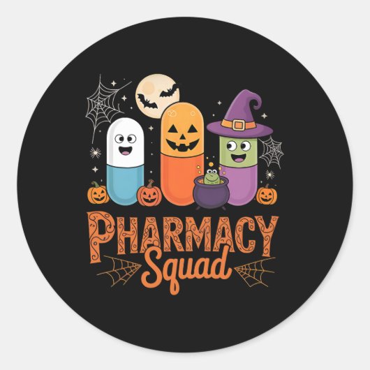 面白い薬の薬局 薬剤師 スクワッド かわいいハロウィン ラウンドシール (正面)