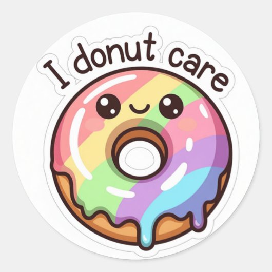 面白い虹色ドーナツステッカー "I Donut Care" ラウンドシール (正面)