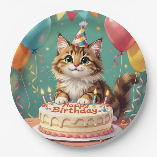 面白い誕生日の猫 ペーパープレート (正面)