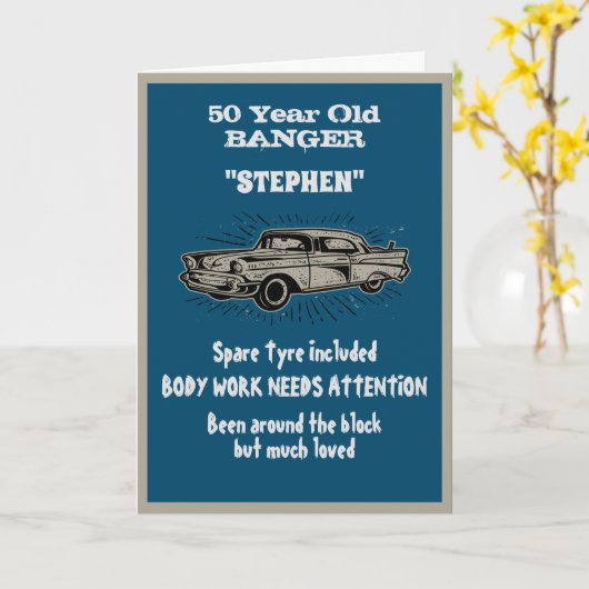 面白い誕生日ジョーク　古い車のパンクッション カード (黄色い花)